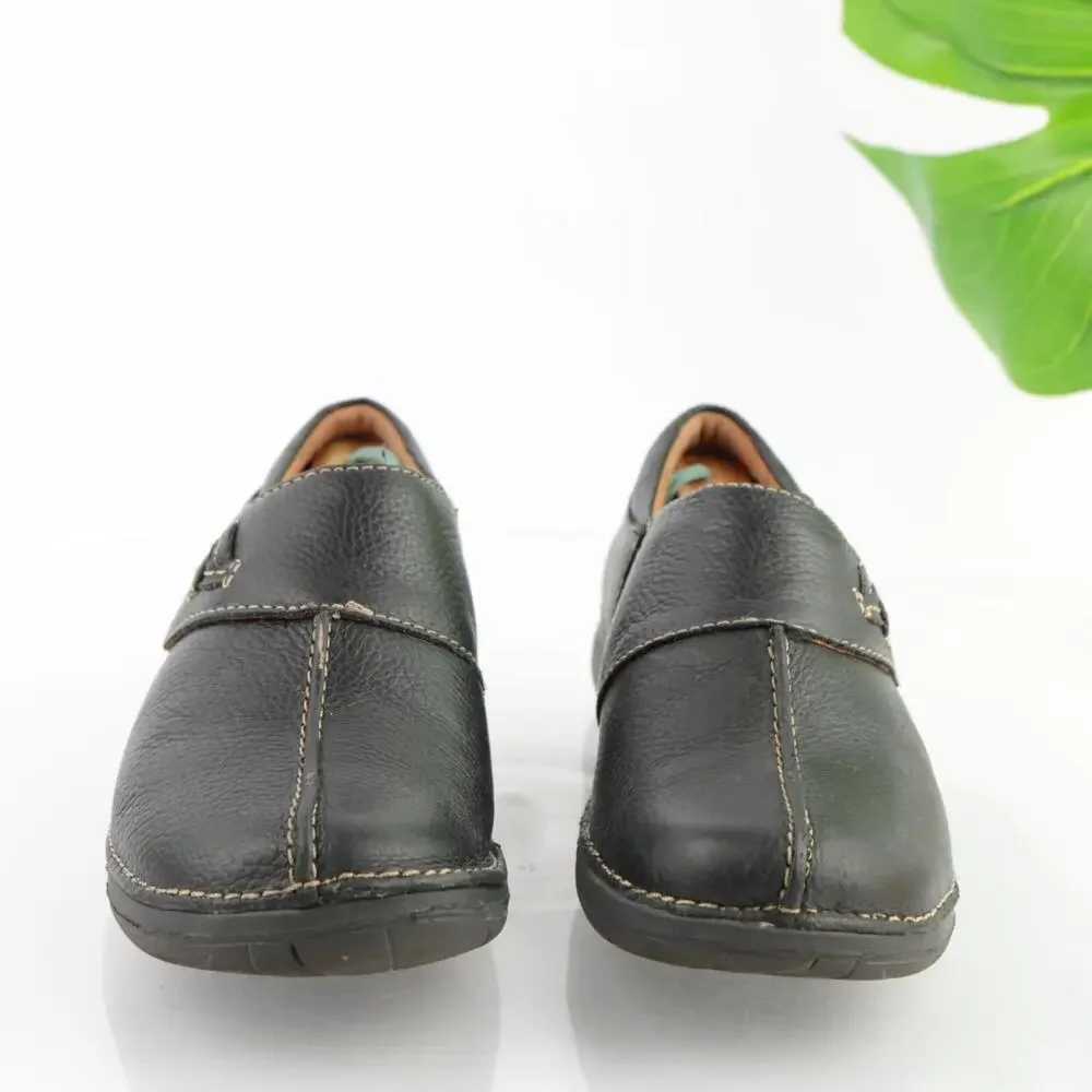 Clarks Womens Un Loop Stride Loafer Size 8 Black Leather Slip On Flat Comfy Shoe